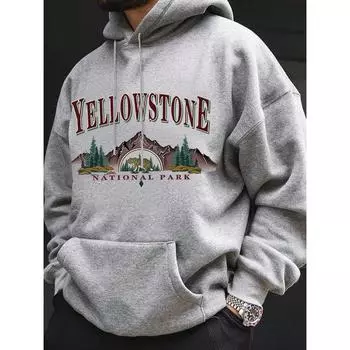 Мужская повседневная флисовая толстовка с капюшоном с принтом «Горы и буквы», осень/зима S