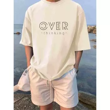 Мужская повседневная футболка с буквенным принтом, крутая футболка с круглым вырезом и коротким рукавом, летняя одежда для мужчин S бежевый