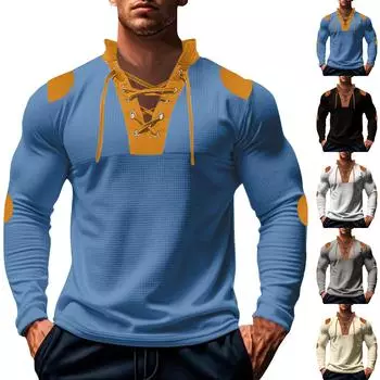 Мужская повседневная футболка с цветными блоками, V-образным вырезом и длинными рукавами L чёрный