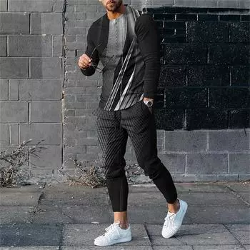 Мужская повседневная футболка с длинным рукавом и толстовка, спортивный комплект из 2 предметов, мужской спортивный костюм с воротником, уличная одежда для бега, лето S