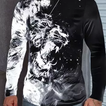 Мужская повседневная футболка с длинным рукавом и принтом животных 3D, полиэстеровая ткань, круглый вырез, стандартный крой для уличной одежды на открытом воздухе S
