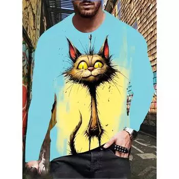 Мужская повседневная футболка с длинным рукавом и принтом синего кота - круглый вырез, мягкая полиэстеровая смесь, идеально подходит для весны и осени S