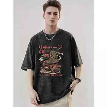 Мужская повседневная футболка с графическим принтом Полный балл за энергию Дизайн японского рамена Оверсайз с коротким рукавом Хлопок Круглый вырез S