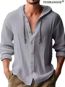 Мужская повседневная футболка с капюшоном и длинным рукавом из хлопка и льна, весна/лето 2025 L