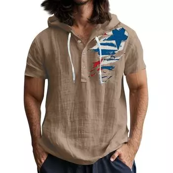 Мужская повседневная футболка с короткими рукавами, капюшоном и открытым воротом на пуговицах XL