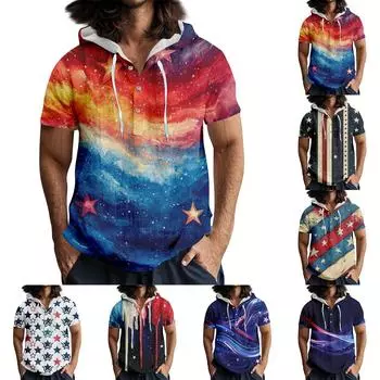 Мужская повседневная футболка с короткими рукавами, капюшоном и открытым воротом на пуговицах XL синий