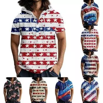 Мужская повседневная футболка с короткими рукавами, капюшоном и открытым воротом на пуговицах L хаки