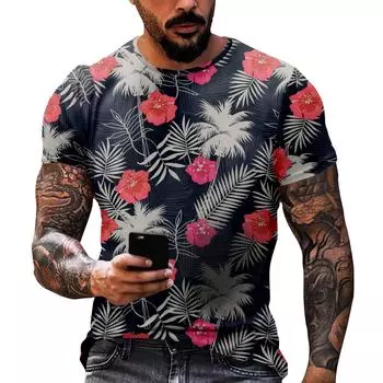 Мужская повседневная футболка с круглым вырезом и коротким рукавом с гавайским принтом M тёмно-синий