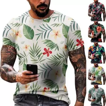 Мужская повседневная футболка с круглым вырезом и коротким рукавом с гавайским принтом XXXXL белый