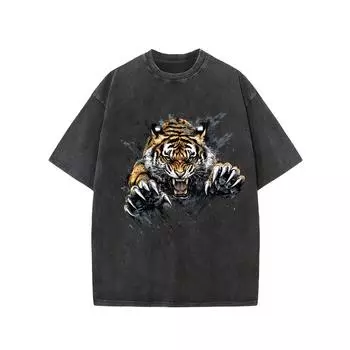 Мужская повседневная футболка с круглым вырезом, с коротким рукавом, с креативным принтом с изображением тигра, из слегка тянущейся трикотажной ткани S чёрный