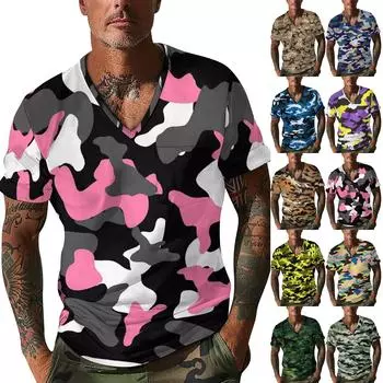 Мужская повседневная футболка с v-образным вырезом и камуфляжным принтом, мужская одежда с короткими рукавами XXXL синий