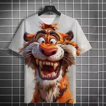 Мужская повседневная футболка с забавным принтом животных 3D, новая мода с коротким рукавом, уличный стиль, круглый вырез, тигровый принт S