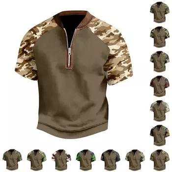 Мужская повседневная футболка с застежкой-молнией на половину длины и короткими рукавами L армия зеленый