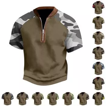 Мужская повседневная футболка с застежкой-молнией на половину длины и короткими рукавами L армия зеленый