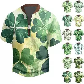 Мужская повседневная футболка с застежкой-молнией на половину длины и короткими рукавами L армия зеленый