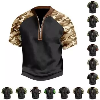 Мужская повседневная футболка с застежкой-молнией на половину длины и короткими рукавами XL хаки