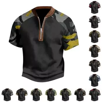 Мужская повседневная футболка с застежкой-молнией на половину длины и короткими рукавами L армия зеленый