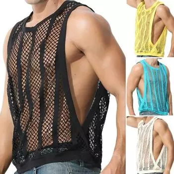 Мужская повседневная футболка, свободная мужская одежда, сплошной цвет, сексуальная прозрачная сетчатая спортивная футболка, спортивная одежда L