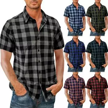 Мужская повседневная гавайская рубашка с короткими рукавами, европейская и американская клетчатая рубашка