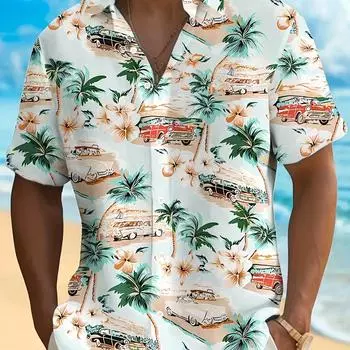 Мужская повседневная гавайская рубашка с принтом ретро-автомобиля и кокосовой пальмы - рубашка с короткими рукавами M
