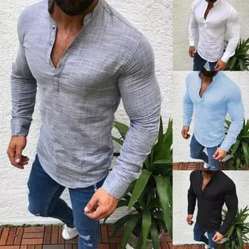 Мужская повседневная хлопковая льняная свободная футболка с длинным рукавом и v-образным вырезом, верхняя блузка L чёрный