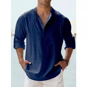 Мужская повседневная хлопково-льняная блузка, топы, мужская однотонная рубашка с длинным рукавом, свободные рубашки с воротником-стойкой для мужчин M чёрный