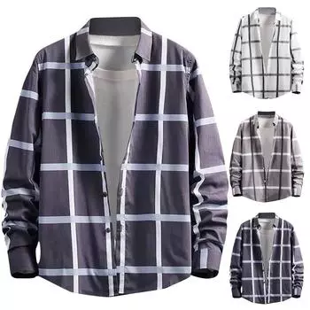 Мужская повседневная клетчатая рубашка с длинными рукавами, модная тонкая мужская рубашка M бежевый