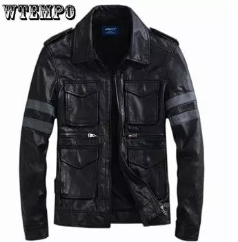 Мужская повседневная кожаная куртка с трехмерным карманом, пальто, кожаная куртка с несколькими карманами M чёрный