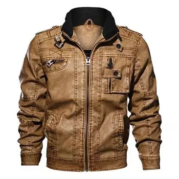 Мужская повседневная кожаная куртка зима-осень Военная Униформа Мотоцикл Байкер Пилот-бомбардировщик Куртки из искусственной кожи XL хаки