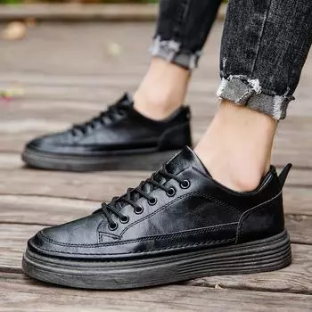 Мужская повседневная кожаная обувь с круглым носком, осенне-зимняя новая мужская обувь, дышащая и удобная универсальная обувь из искусственной кожи на шнуровке 39