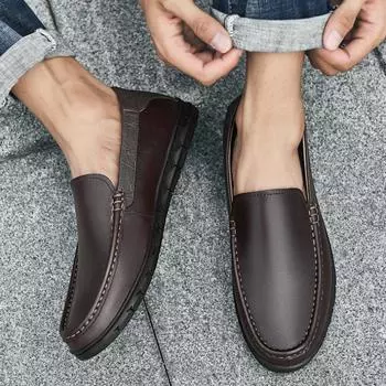 Мужская повседневная кожаная обувь Весна и осень Новые кожаные туфли без застежек Кожаные туфли Туфли Bean для мужчин Туфли без застежек 38