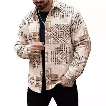 Мужская повседневная куртка из хлопка с принтом на пуговицах, куртка с длинным рукавом и лацканами в стиле вестерн-жаккард S
