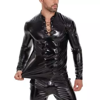 Мужская повседневная куртка из искусственной кожи с зеркальным блеском и длинными рукавами, черная облегающая кожаная куртка со шнуровкой на воротнике 2XL чёрный