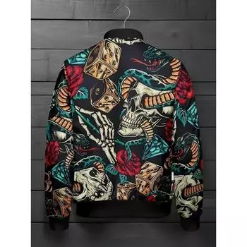 Мужская повседневная куртка из полиэстера с 3D-принтом в виде черепа, змеи и цветов, воротником-бейсболкой, застежкой-молнией, слегка эластичная, трикотажная ткань для осени/зимы — стандартный крой S разноцветный