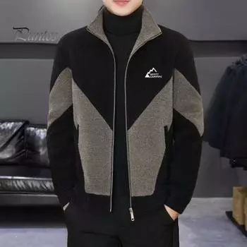 Мужская повседневная куртка на молнии, цветное трикотажное пальто с воротником-стойкой и длинными рукавами, с карманами, осенне-зимнее ветрозащитное пальто L чёрный