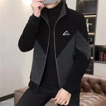 Мужская повседневная куртка на молнии с длинным рукавом и воротником-стойкой, цветное трикотажное пальто L чёрный