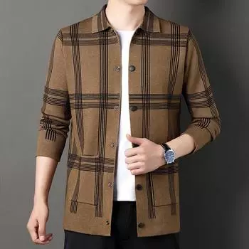 Мужская повседневная куртка на пуговицах с узором в клетку, вязаная куртка на осень и зиму, вязаный кардиган больших размеров XS