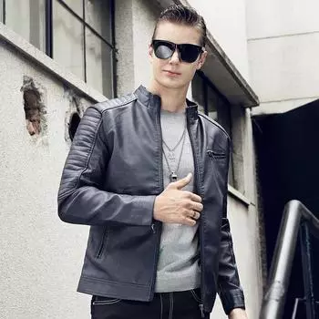 Мужская повседневная куртка Осенняя мужская куртка из искусственной кожи Мотоциклетная куртка в британском стиле Мужская кожаная куртка Тренд M