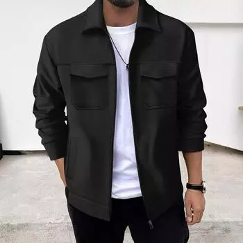 Мужская повседневная куртка с карманами, лацканами и молнией, модный топ с длинными рукавами L чёрный