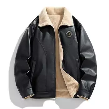 Мужская повседневная куртка, толстая мужская интегрированная меховая и кожаная сращивающаяся лацканы с толстым бархатом, универсальная зимняя повседневная кожаная куртка в мотоциклетном стиле XXXXXL чёрный