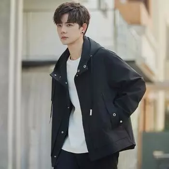 Мужская повседневная куртка весна и осень новая свободная с капюшоном грубая красивая корейская версия модная универсальная мужская куртка M чёрный