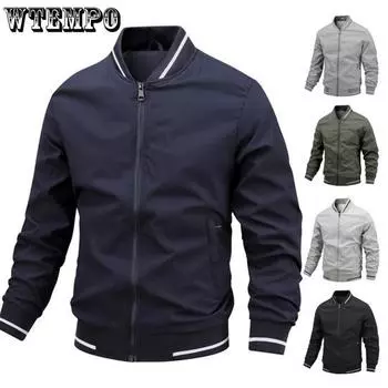 Мужская повседневная куртка WTEMPO весна-осень плюс, бейсбольная форма, однотонная полосатая куртка с круглым воротником и тонкой молнией M чёрный