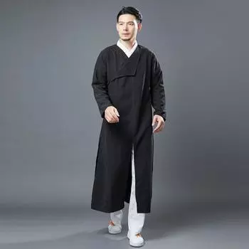Мужская повседневная льняная рубашка в китайском стиле с пуговицами-лягушками - Халат для чайной церемонии в стиле дзен XL чёрный