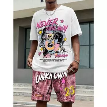 Мужская повседневная летняя футболка с круглым вырезом, рисунком в виде персонажей мультфильмов и букв, короткими рукавами и шортами на завязках S