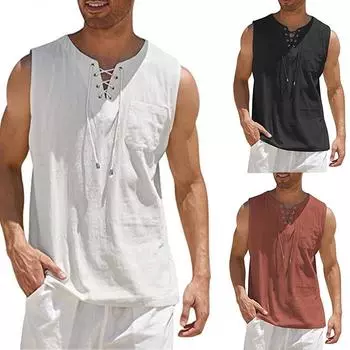 Мужская повседневная майка с галстуком, модная однотонная хлопковая льняная свободная футболка с коротким рукавом S белый
