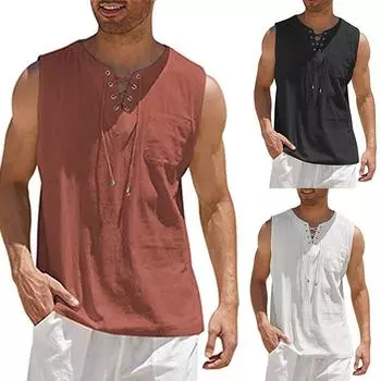 Мужская повседневная майка с галстуком, модная однотонная хлопковая льняная свободная футболка с коротким рукавом S красный