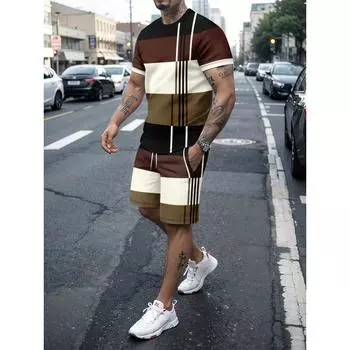 Мужская повседневная мода с цветным рисунком и 3D цифровой печатью, удобная футболка с круглым вырезом и короткими рукавами и шорты в комплекте S