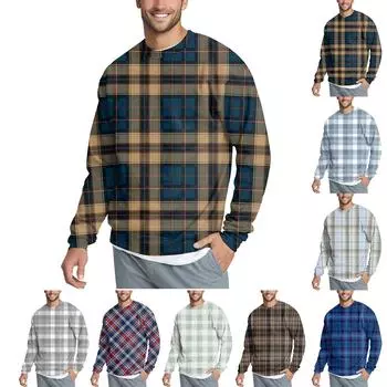 Мужская повседневная мода удобная клетчатая круглая горловина пуловер толстовка свитшот XXXL кофейный