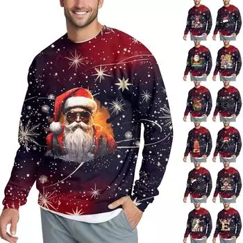 Мужская повседневная мода, удобная рождественская принтованная круглая горловина, свитер, толстовка XL чёрный