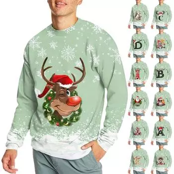 Мужская повседневная мода, удобная рождественская принтованная круглая горловина, свитер, толстовка L армия зеленый